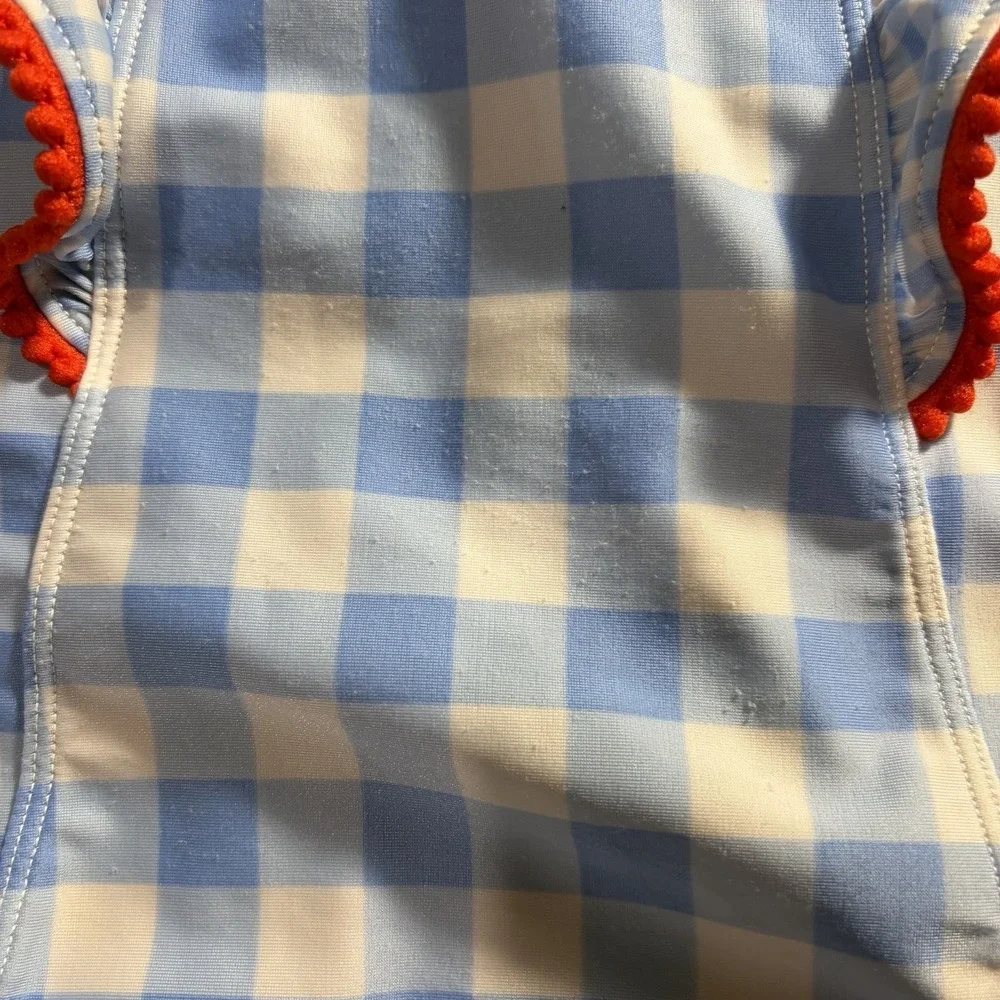 Cat&jack One Piece Swimsuit Blue&white Check Red Pom Trim Size Large 10/12